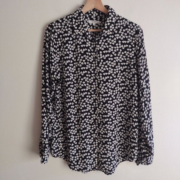 Equipment Essential Silk Top M Tossed Heart Print Black White Button Blouse - Picture 11 of 11